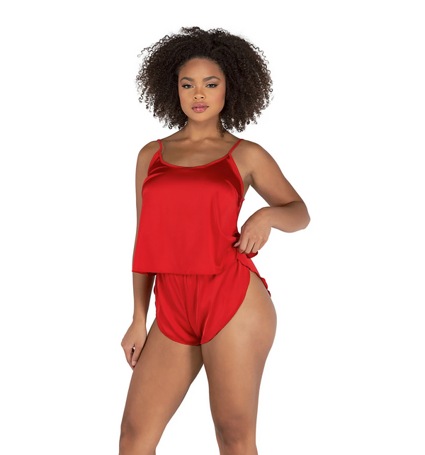 2PC Soft Satin Tulip Short Set- Red