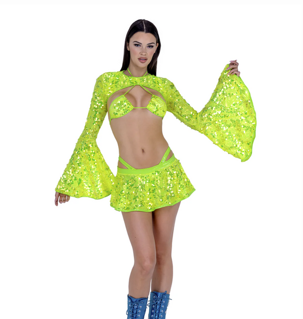 Sequin Bell Sleeve Shrug - Neon Yellow