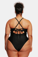 Love Los Angeles Mesh Tie-Back Plus Size One Piece Swimsuit in Black