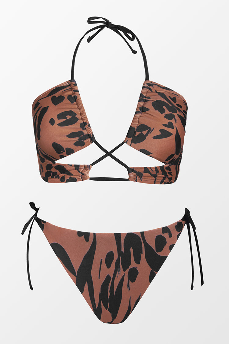 Wild At Heart Tan & Black Halter Tie Side Bikini Set